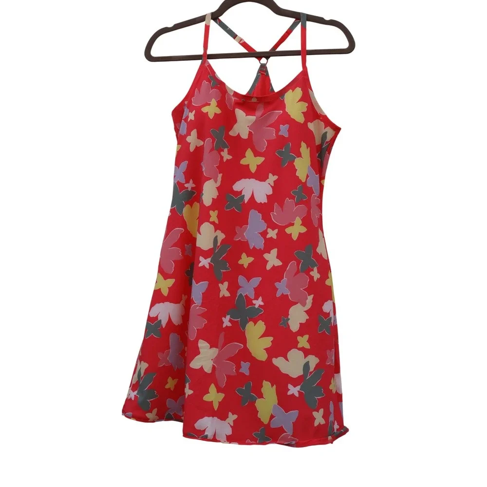 Outdoor Voices Red Floral Butterfly Exercise Dress Adjustable Straps M W/SHORT